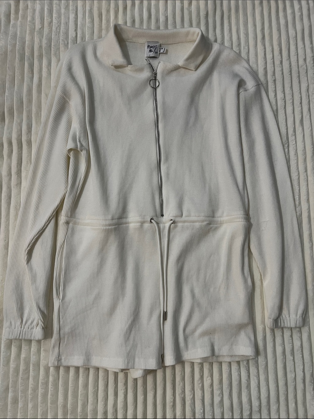Princess Polly Cream Ribbed Zip-Front Drawstring Romper
